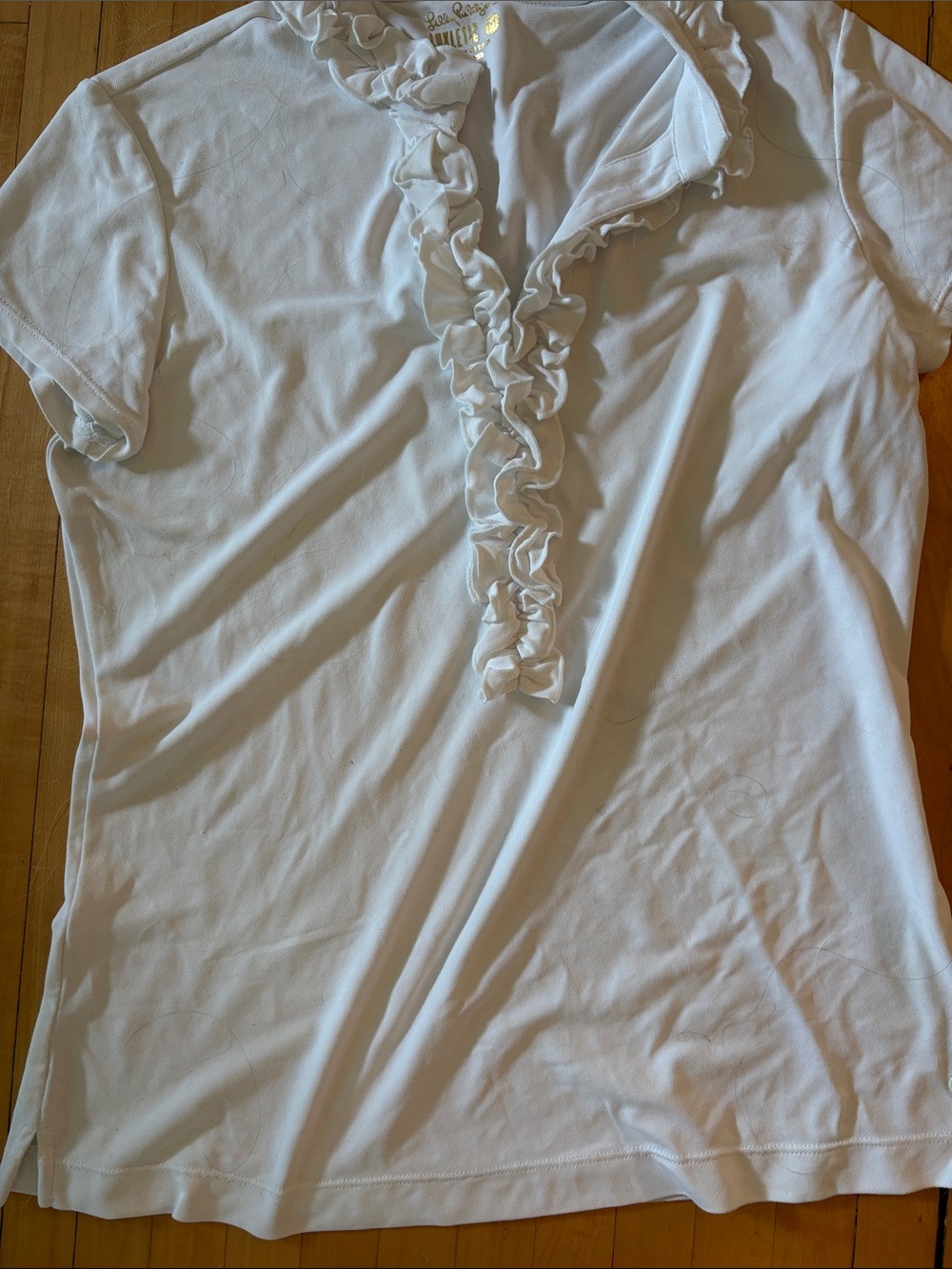 Women's Luxletic White Ruffle-Trim Polo Top